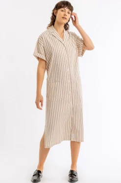 Sale Rotholz Bowling Kleid Gestreift Aus Bio-Baumwolle Beige/Weis