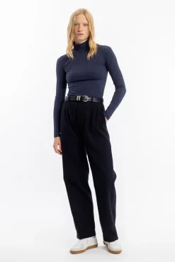 Rotholz Geripptes Longsleeve Bio Baumwolle - Dunkelblau