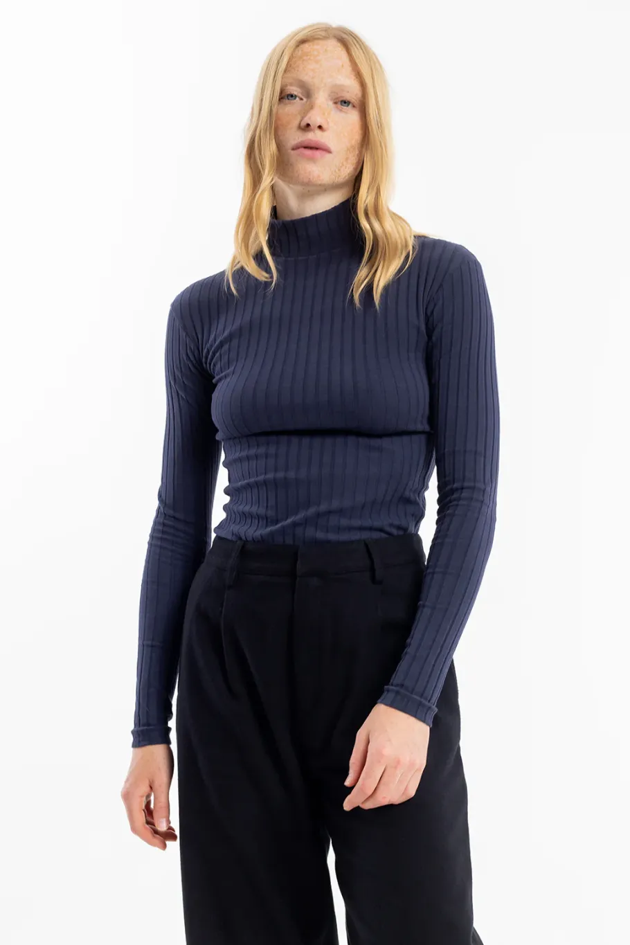 Rotholz Geripptes Longsleeve Bio Baumwolle - Dunkelblau