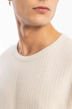 New Rotholz Geripptes T-Shirt Bio Baumwolle - Creme