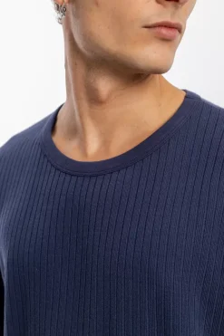 Rotholz Geripptes T-Shirt Bio Baumwolle - Dunkelblau