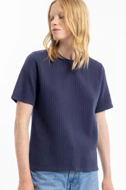 Sale Rotholz Geripptes T-Shirt Bio Baumwolle - Dunkelblau