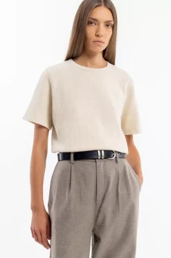 Outlet Rotholz Geripptes T-Shirt Bio Baumwolle - Creme