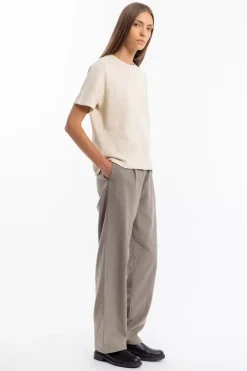 Outlet Rotholz Geripptes T-Shirt Bio Baumwolle - Creme