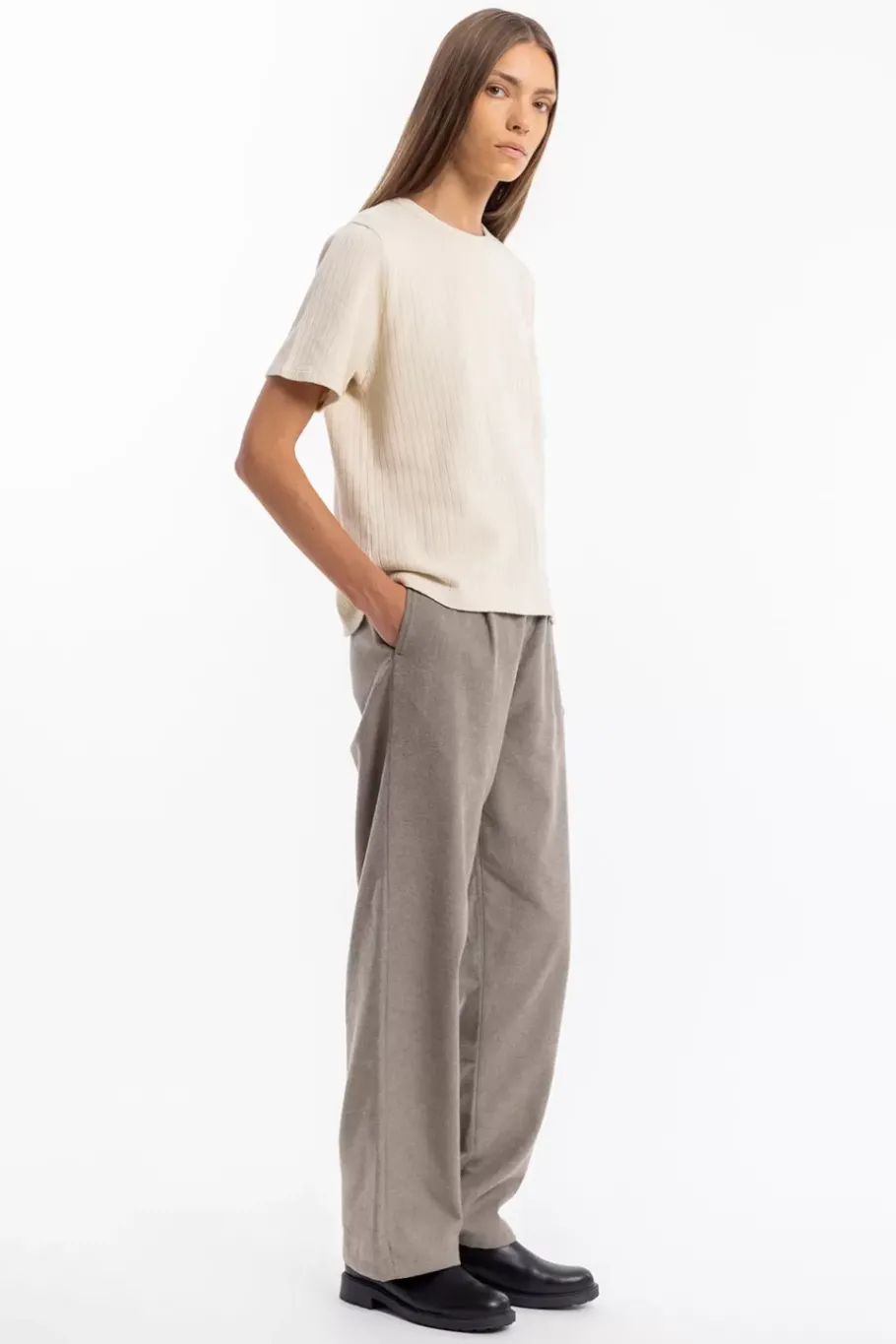 Outlet Rotholz Geripptes T-Shirt Bio Baumwolle - Creme