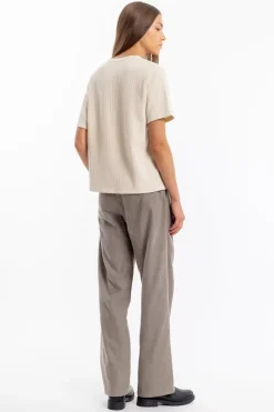 Outlet Rotholz Geripptes T-Shirt Bio Baumwolle - Creme