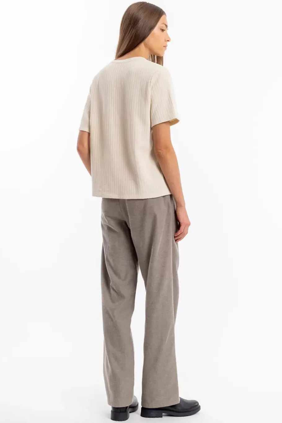Outlet Rotholz Geripptes T-Shirt Bio Baumwolle - Creme