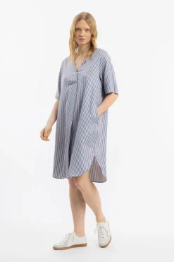 Sale Rotholz Kaftan Kleid Lyocell - Blau Gestreift