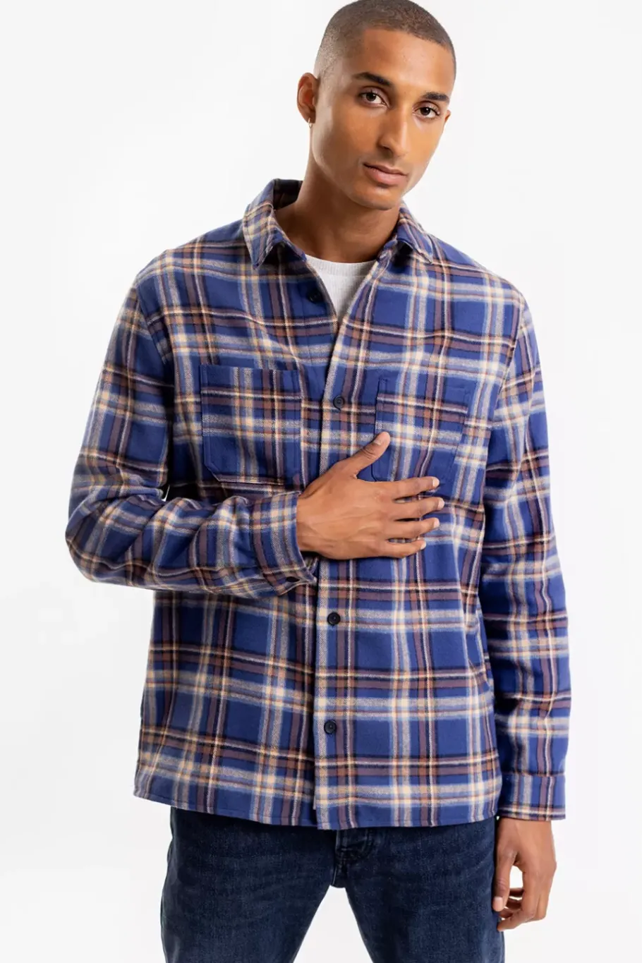 Sale Rotholz Kariertes Flanell Overshirt Blau