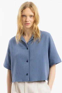 Best Rotholz Kurzes Bowling Shirt Bio Baumwolle - Blau