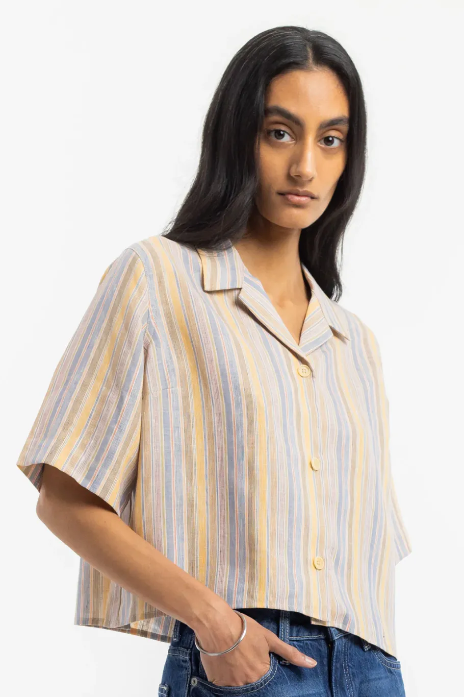 New Rotholz Kurzes Bowling Shirt Leinen Mix - Gestreift
