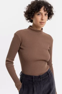 New Rotholz Mock Neck Longsleeve Aus Rippenstrick Braun