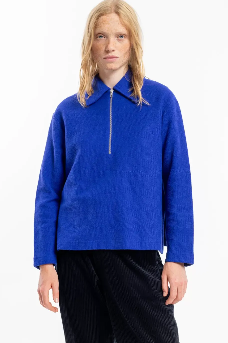 New Rotholz Polo Zip Sweatshirt Bio Baumwolle - Kobalt
