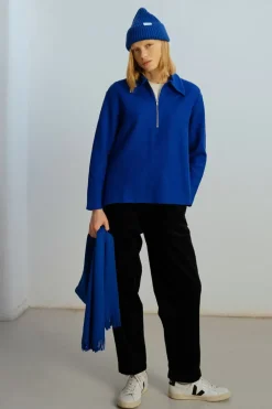 New Rotholz Polo Zip Sweatshirt Bio Baumwolle - Kobalt