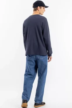 Sale Rotholz Waffel Longsleeve Bio Baumwolle - Dunkelblau